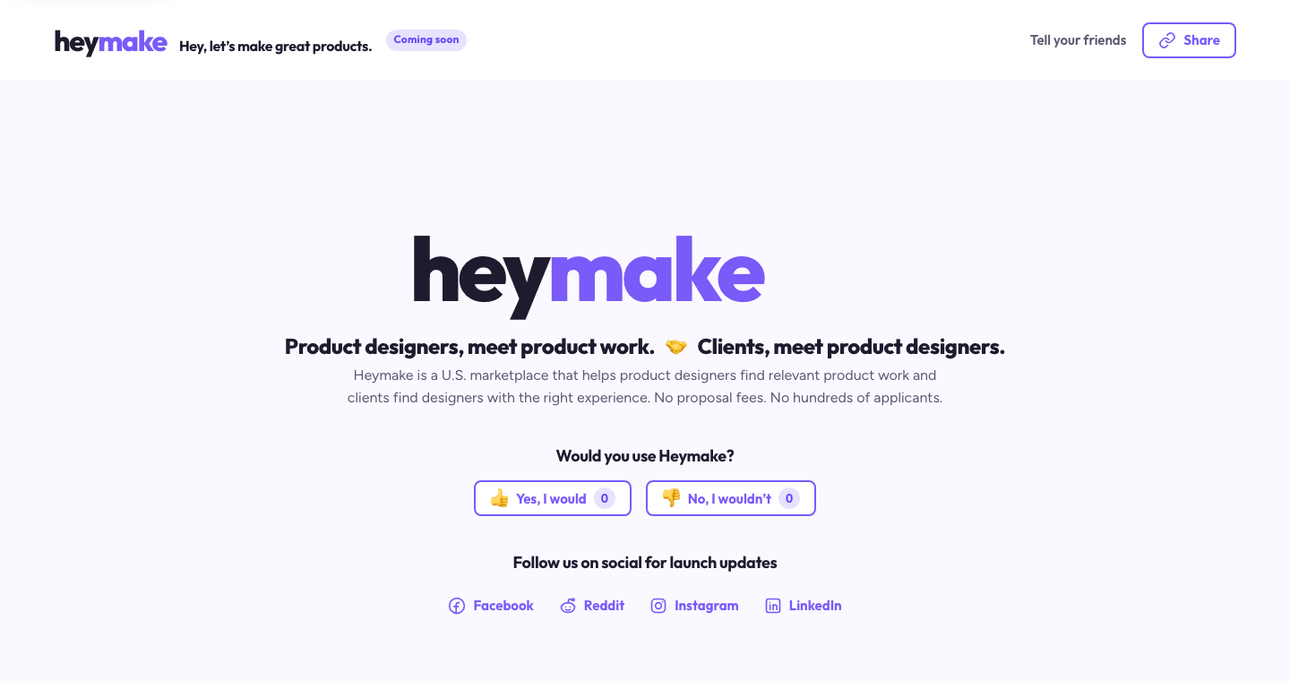Heymake's homepage: the wordmark, a short description of the marketplace, and a yes/no question asking if visitors would use it.